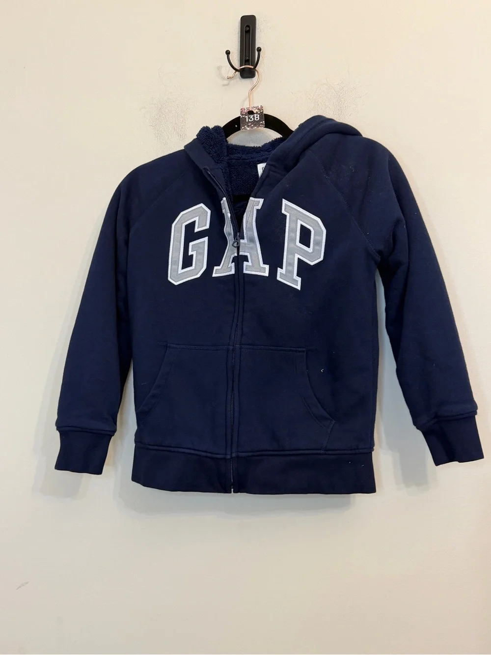 GAP Kids boys L Navy Sherpa Lined Full Zip Logo Hoodie Jacket